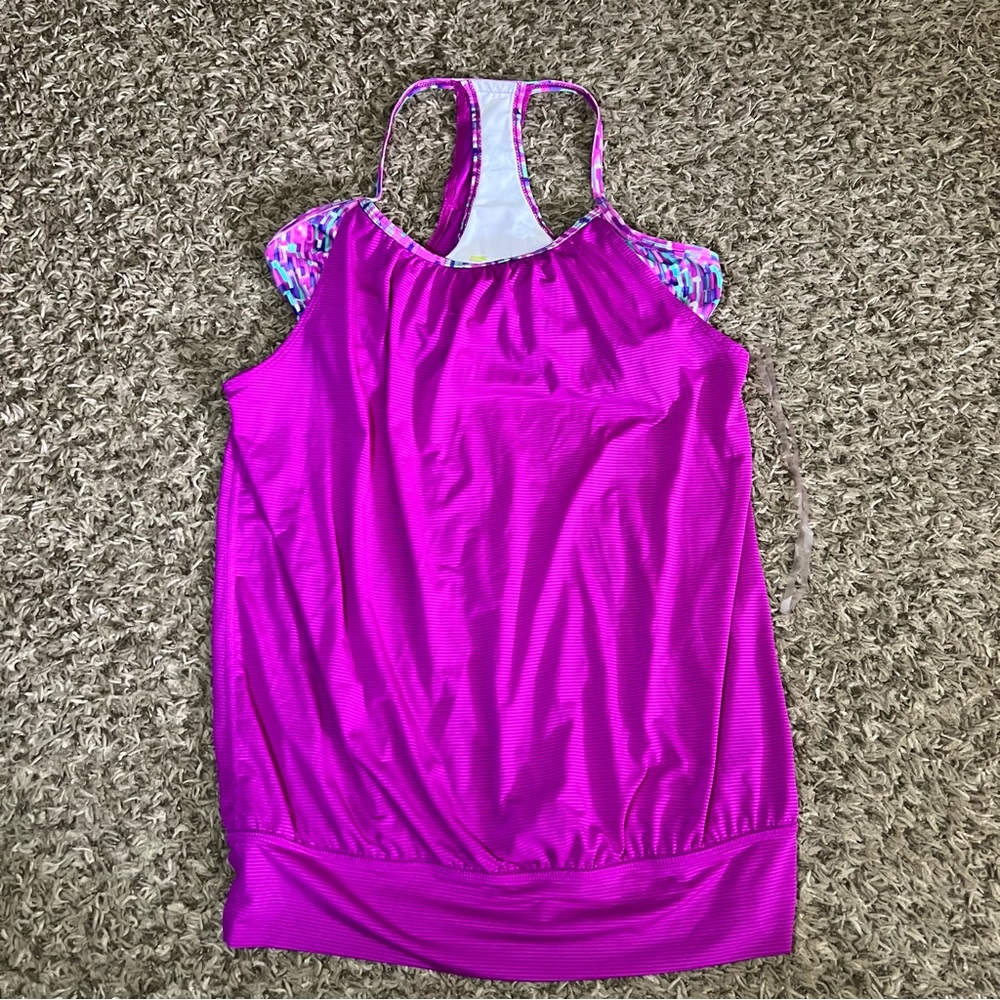 Xersion Womens S Pink Stretch Tank Top With Attached Bra Gathered Waist Small
